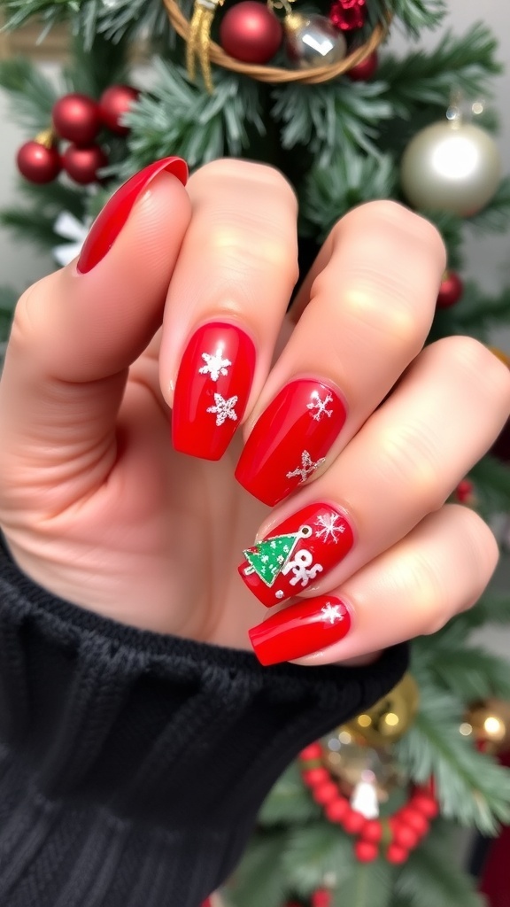 Red Christmas nails with snowflake and tree charms, displayed in a festive setting.